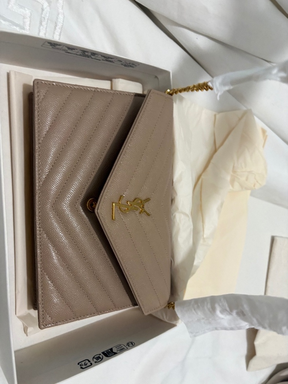 Saint Laurent YSL Envelope Chain Wallet WOC Taupe Gold Hardware